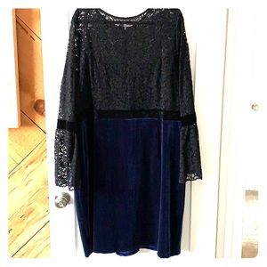 Black lace and blue velvet cocktail dress